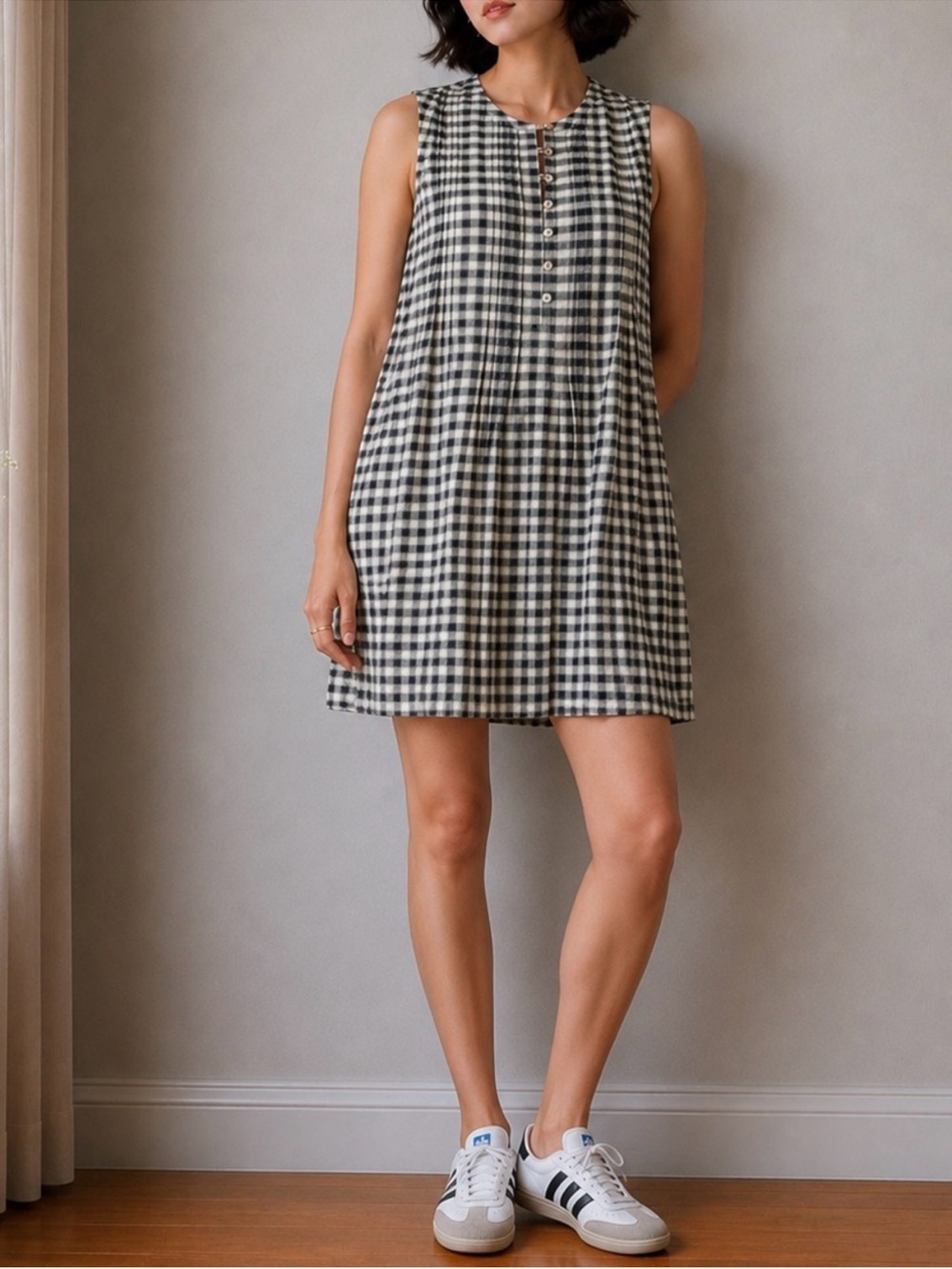 NWT Faherty Isha Gingham Shift Mini Dress Gauze Black White Sz Medium Fall Boho